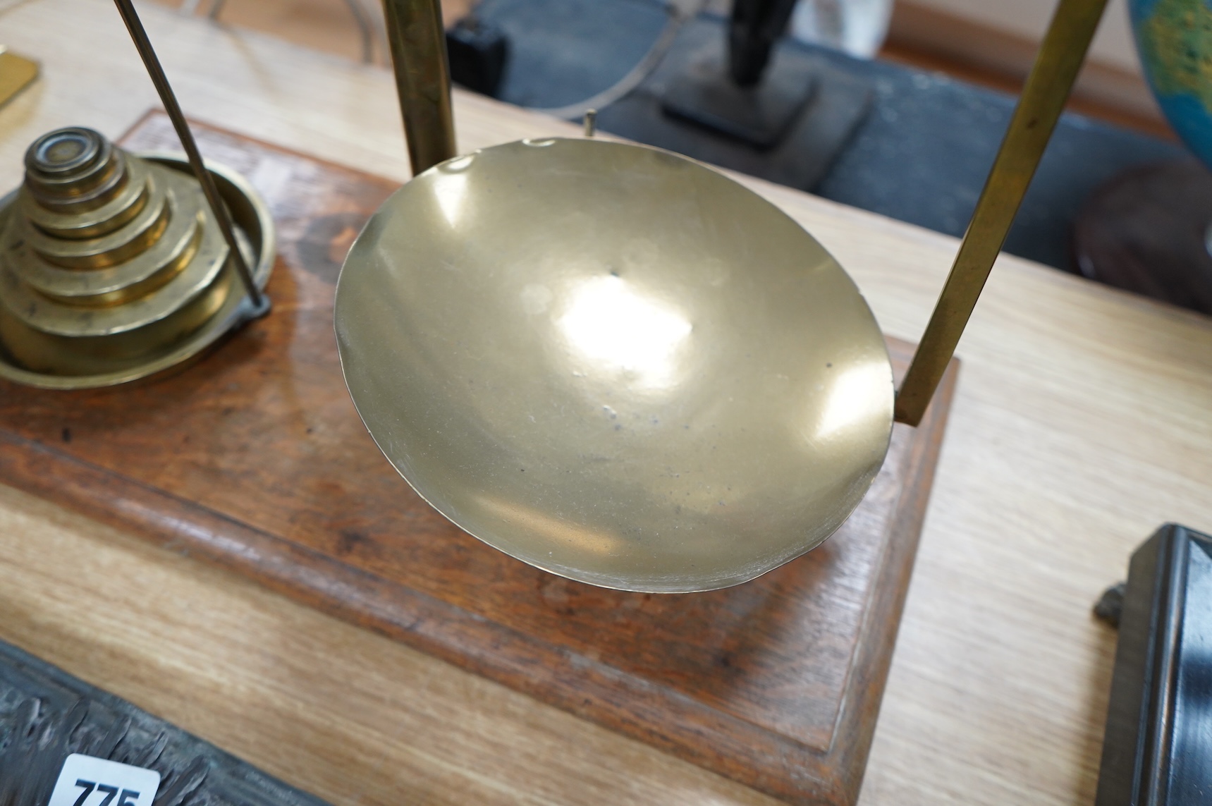 A set of 19th century brass and oak apothecary scales, 43cm